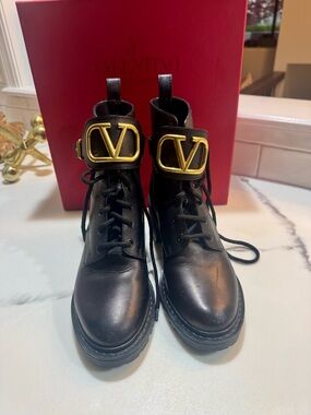 Valentino Black Leather Lace-Up Boots with Gold V Buckle